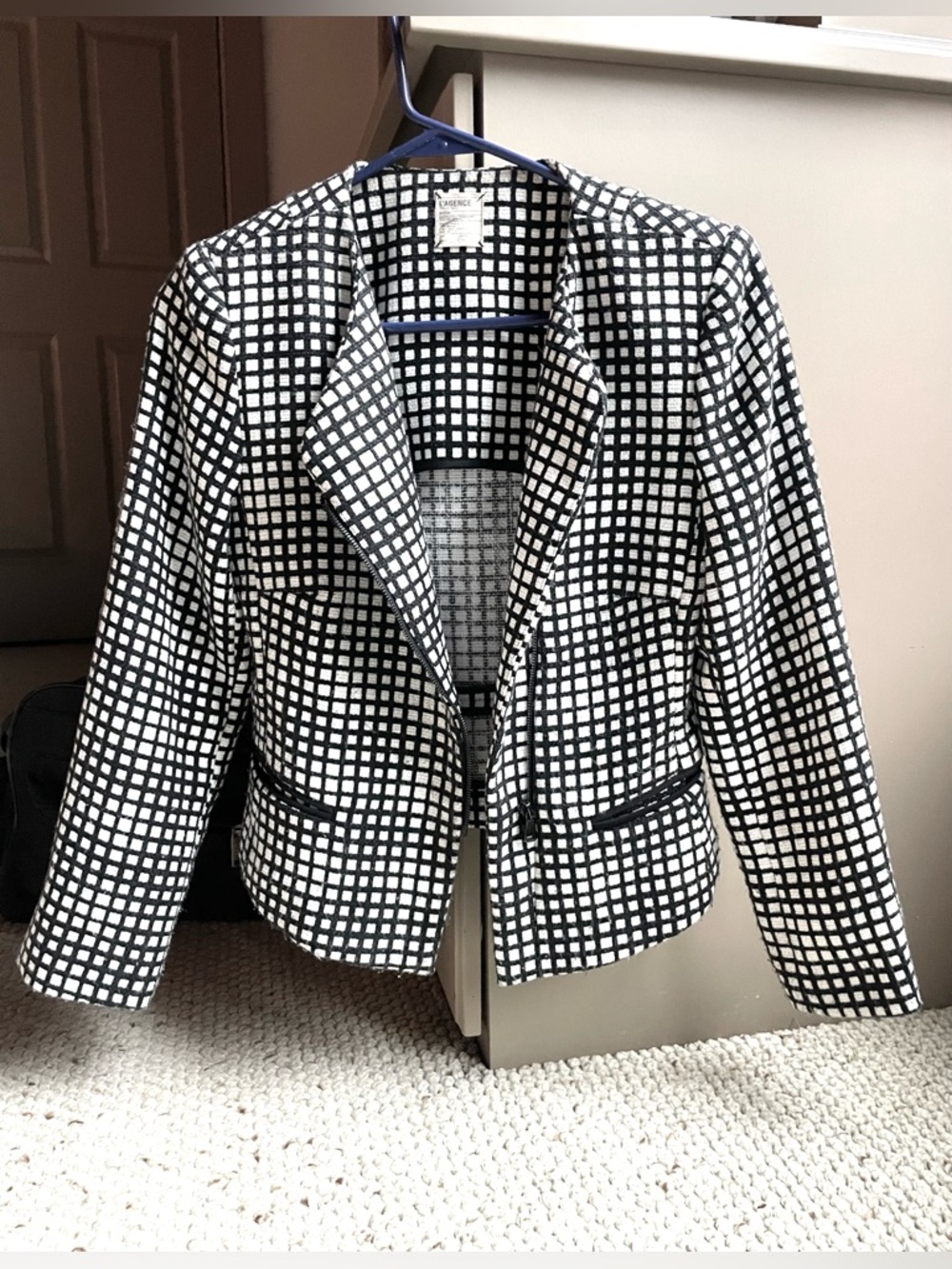 LโAGENCE Check Blazer Jacket B&W Grid Pattern Print XS 0 Originally $495